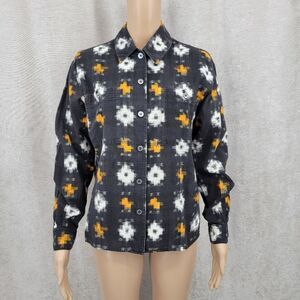 Anne Klein Vintage Black and Orange Patterned Button Up Shirt Boxy Cropped Aztec